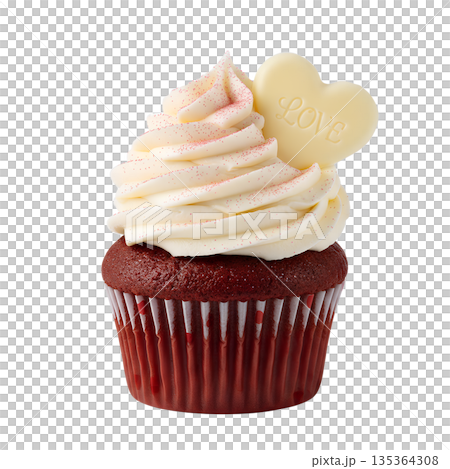 Delicious red velvet cupcake with cream cheese frosting and a decorative love heart topper, isolated on transparent background Delicious red velvet cupcake with cream cheese frosting and a decorative love heart topper, isolated on transparent background 135364308