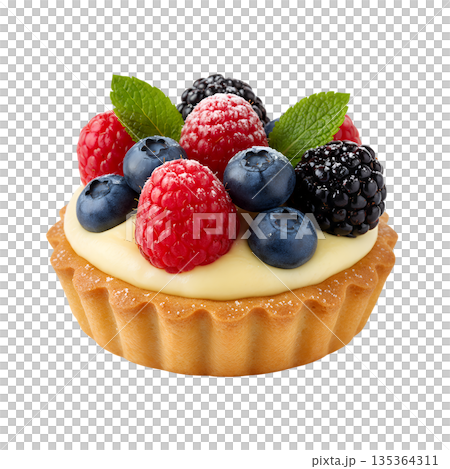 Elegant fresh berry tartlet filled with pastry cream and topped with blueberries, raspberries, and mint leaf on transparent background 135364311