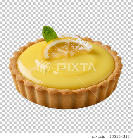 Delicious lemon tart with fresh lemon slice and mint garnish, perfectly isolated on transparent background for food design 135364312