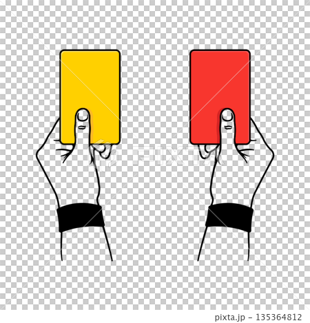 Illustration of hands holding red and yellow cards, referee warning and penalty gesture without background. Illustration of hands holding red and yellow cards, referee warning and penalty gesture without background. 135364812