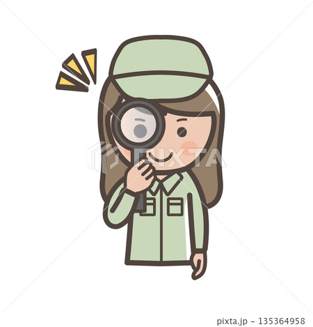 虫眼鏡を持って点検をするイメージのかわいい女性作業員のイラスト 虫眼鏡を持って点検をするイメージのかわいい女性作業員のイラスト 135364958