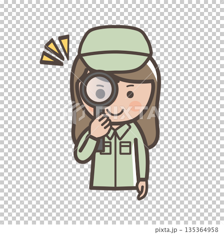 虫眼鏡を持って点検をするイメージのかわいい女性作業員のイラスト 虫眼鏡を持って点検をするイメージのかわいい女性作業員のイラスト 135364958