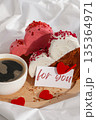 Mother's Valentine's Women's day birthday FOR YOU wishes saying caption on greeting card Coffee breakfast in rumpled bedding bed with heartshaped pastry croissant treat. Food experimentation viral 135364971