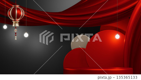 Dark red style. Fashion product background, stand product podium display with blank backdrops.3d render 135365133