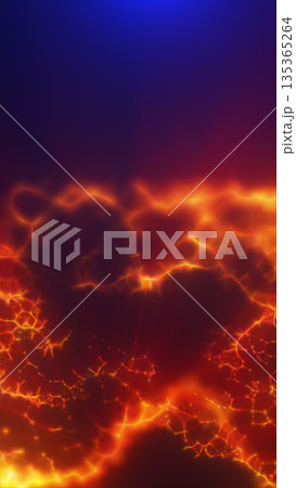 Intense glowing red and orange lava texture with bright molten cracks under a contrasting cool blue sky 135365264