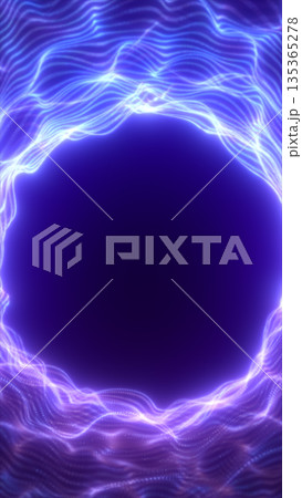 Blue luminous energy waves forming a circular digital vortex with a glowing center 135365278