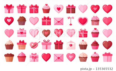 バレンタインデーのフラットデザインアイコンセット　ギフトボックス・ハート・スイーツのベクターイラスト 135365532