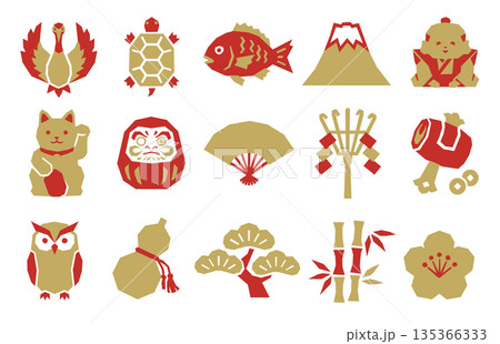 縁起物のイラストのお正月向け素材のセット 135366333