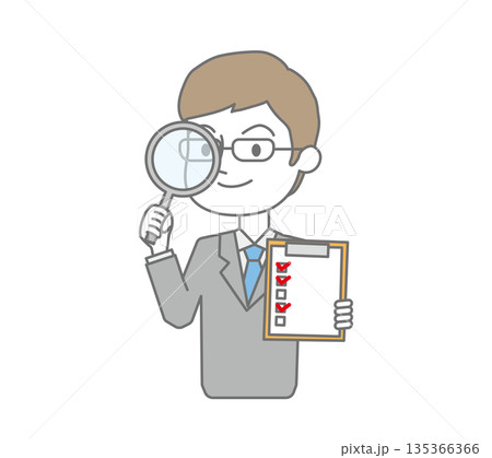 チェックリストとルーペを持ったビジネスマン 135366366