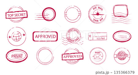 Red stamp set top secret sign, confidential envelope, letter, rubber seal. Stamps with wavy lines, decorative edges. post office marks and envelope designs, vintage 135366379