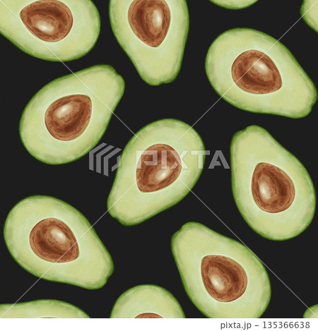 A seamless watercolor pattern featuring hand-drawn avocado halves. Perfect for stores, coffee shops, packaging, menus, branding, textiles, wrapping paper, and organic food design. 135366638