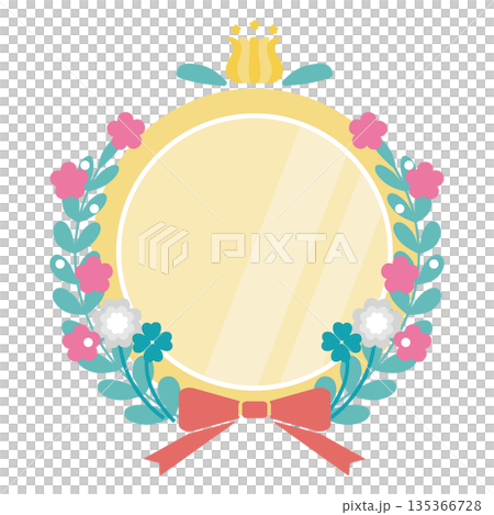 可愛的花束和緞帶（蝴蝶結）插畫邊框（金色） 135366728