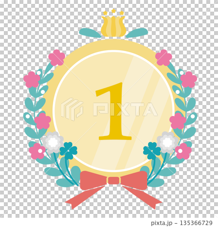 可愛的花束和緞帶（蝴蝶結）插畫邊框（金色） 135366729