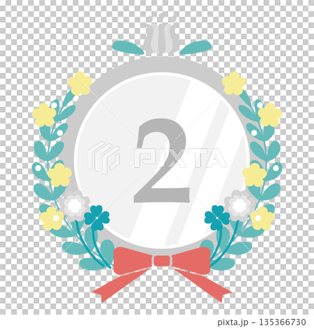 可愛的花束和緞帶（蝴蝶結）插畫邊框（銀色） 135366730