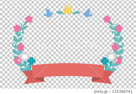 可愛的插畫框，配有花束和絲帶 135366741