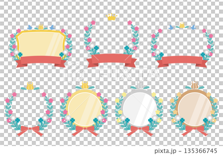 可愛的獎牌排名相框套裝，配有花束和絲帶 135366745