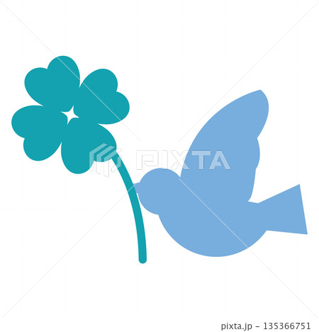 四葉のクローバーを咥えた青い鳥のシンプルなイラスト 135366751