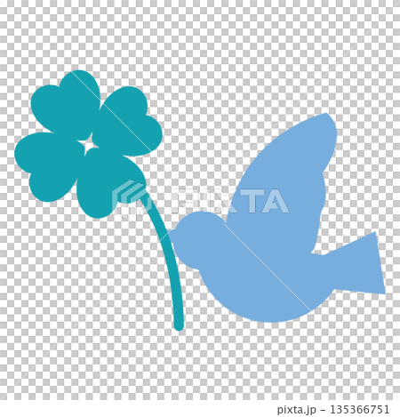 四葉のクローバーを咥えた青い鳥のシンプルなイラスト 135366751