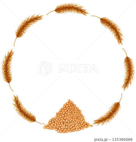 Watercolor illustration of a circular frame depicting a combination of wheat ears and grain. Perfect for bakery branding, menus, food packaging, cookbooks, recipes, harvest themes, and artisan baking 135366866