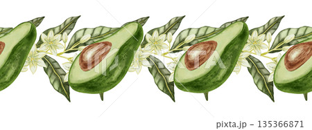 Watercolor illustration of a seamless avocado border with slices and leaves. Suitable for stores, cafes, packaging, menus, and products related to cooking, skincare, and health 135366871