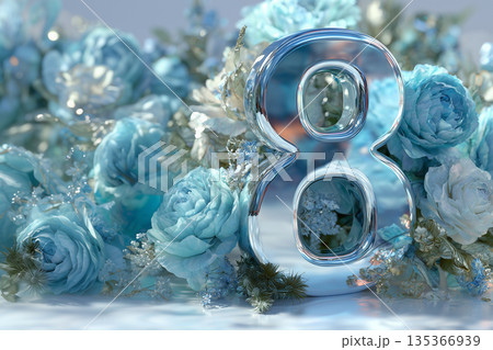 Beautiful blue flowers surround shiny number eight celebrating a special occasion in a joyful setup Beautiful blue flowers surround shiny number eight celebrating a special occasion in a joyful setup 135366939