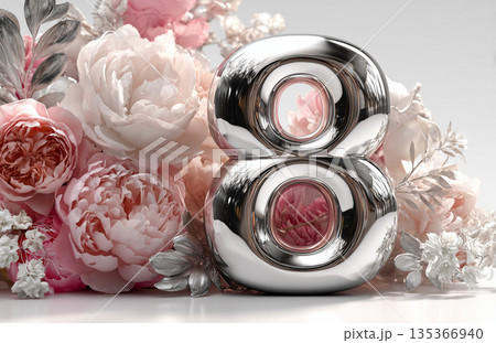 Silver number eight surrounded by pink and white flowers on a plain background 135366940