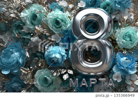Celebration of 8 Marta with flowers and shiny number in bright colors 135366949