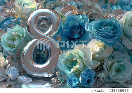 Number 8 surrounded by blue and white flowers with silver accents at a decoration setting for a celebration event 135366958