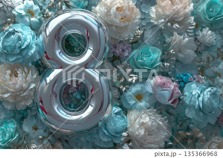Silver number eight placed among colorful flowers in a decorative setting for a birthday celebration Silver number eight placed among colorful flowers in a decorative setting for a birthday celebration 135366968