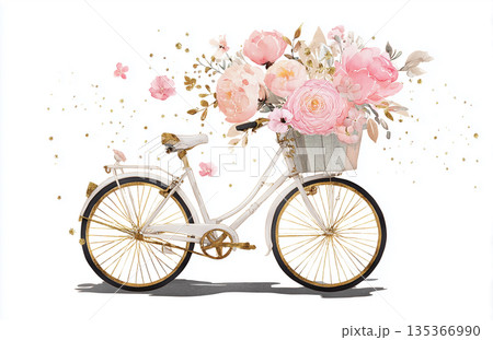 Bike with flower basket shows bright and colorful blooms in a simple design during the day Bike with flower basket shows bright and colorful blooms in a simple design during the day 135366990