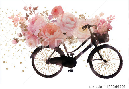 Bicycle with flowers in a basket created using watercolor art techniques 135366991