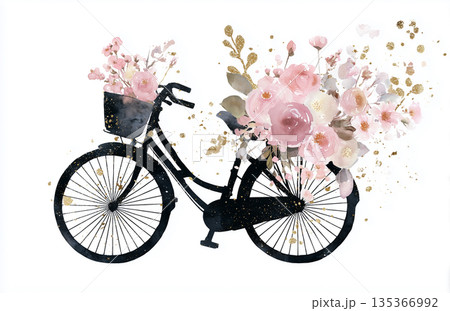 Bicycle with flowers in basket is a creative art piece showing a blend of nature and transportation 135366992
