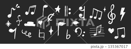 Music notes set crayon chalk pencil elements on dark background in sketch style. Back to school grunge texture. Whimsical music symbols, signs design element. Border  135367017