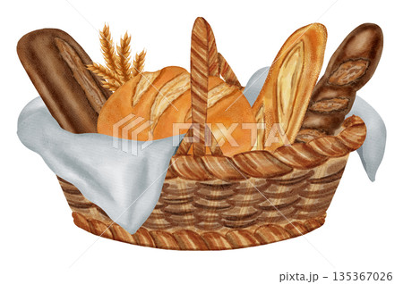 Watercolor illustration of a basket overflowing with different baked goods: dark and white bread, rolls, croissants, and muffins. Ideal for bakery menu, food packaging, cookbooks, recipes 135367026