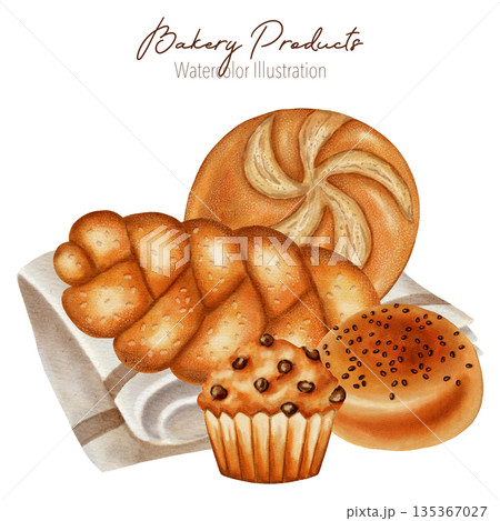 Watercolor illustration featuring a composition of sweets and baked goods: muffins, croissants, buns, and rolls. Perfect for bakery branding, menus, product packaging, cookbooks, recipes, and desserts Watercolor illustration featuring a composition of sweets and baked goods: muffins, croissants, buns, and rolls. Perfect for bakery branding, menus, product packaging, cookbooks, recipes, and desserts 135367027