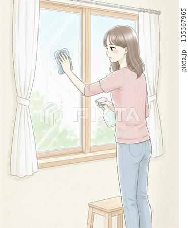 窓拭き　掃除　女性 135367965