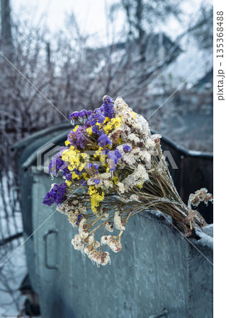 Frost-covered dried flowers stick out of a trash can. 135368488