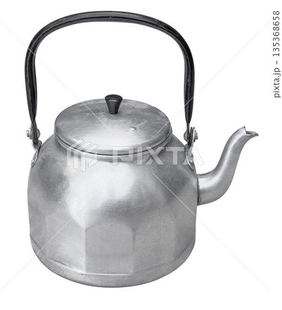 Vintage aluminum kettle with black handle on transparent background 135368658