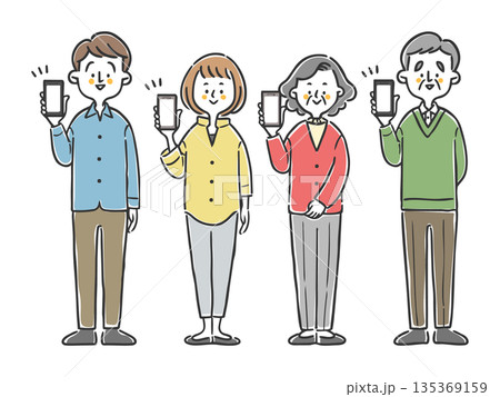スマホを持つ家族二世代　全身　ベクター 135369159