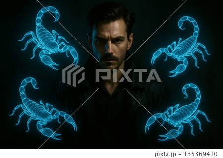 Serious man with mustache surrounded by four neon blue holographic scorpions on a dark background, representing the Scorpio zodiac sign 135369410