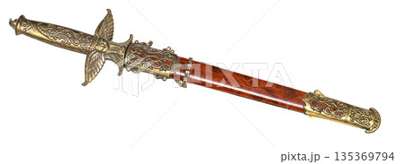 Ornate antique dagger with golden hilt and ornate wooden scabbard 135369794