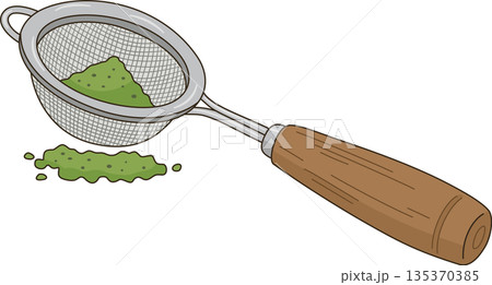 Minimalist Illustration of Matcha Green Tea Powder in a Metal Sifter with Wooden Handle for Cafe and Bakery Decor 135370385