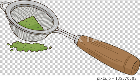 Minimalist Illustration of Matcha Green Tea Powder in a Metal Sifter with Wooden Handle for Cafe and Bakery Decor 135370385