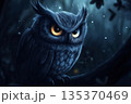 Majestic owl with large, expressive eyes perches on a branch in a dark, enchanted forest at night, creating a captivating and mysterious atmosphere 135370469
