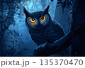 Majestic owl with piercing orange eyes perches on a branch in a dark, enchanted forest, illuminated by the soft glow of the moon 135370470