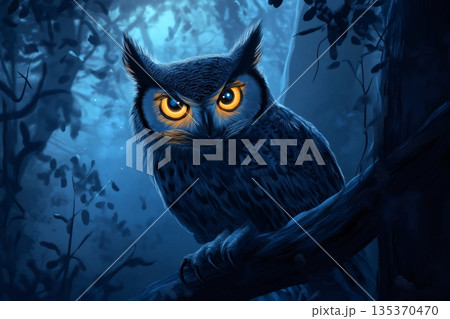 Majestic owl with piercing orange eyes perches on a branch in a dark, enchanted forest, illuminated by the soft glow of the moon 135370470