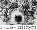 Intricate black and white dog portrait highlighting expressive eyes, detailed textures, and artistic swirls, creating a captivating visual representation 135370473