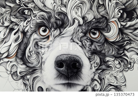 Intricate black and white dog portrait highlighting expressive eyes, detailed textures, and artistic swirls, creating a captivating visual representation 135370473