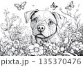 Adorable puppy sitting in a field of flowers with butterflies fluttering around, detailed black and white line art perfect for coloring books or pet lovers 135370476