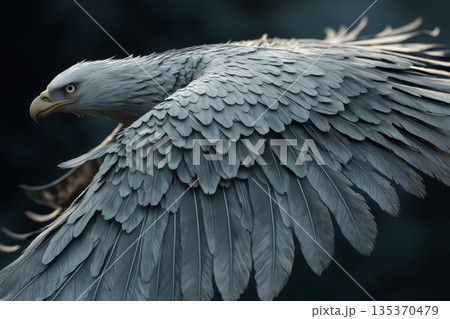 Close up of a majestic eagle with outstretched wings, showcasing its powerful presence and intricate feather details during a graceful flight 135370479
